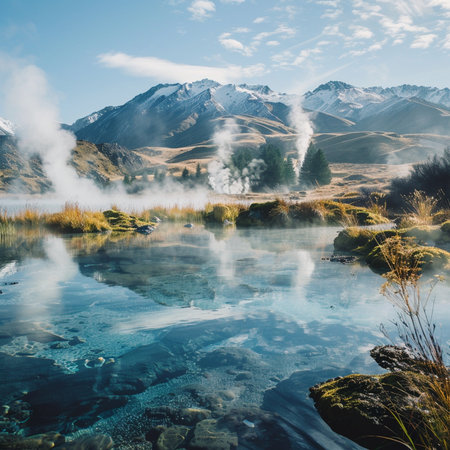 Beautiful landscape of New Zealand alps and lake at sunrise.の素材