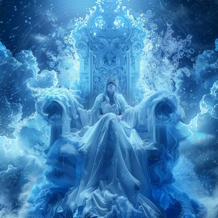 Fantasy scene with a woman in a blue dress sitting on a throneの素材