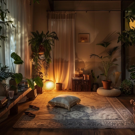 Interior of a room with furniture and plants in a cozy homeの素材