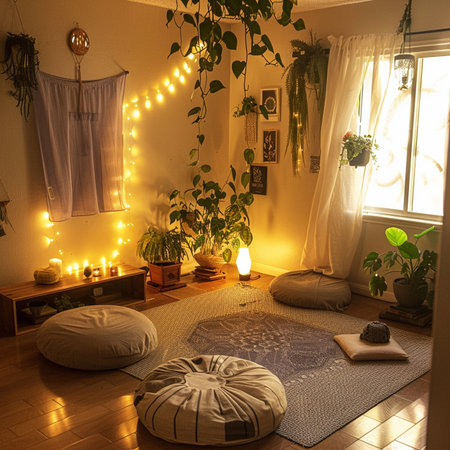 Interior of a living room with pouches and green plantsの素材