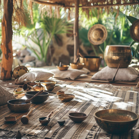 Wooden bowls and singing bowls on bamboo tablecloth in spa resortの素材