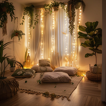 Interior of a modern bedroom with light garlands and flowers.の素材