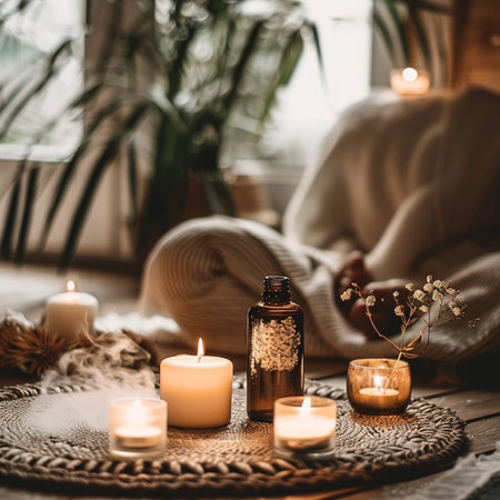 Spa still life with burning candles on a wicker tray.の素材