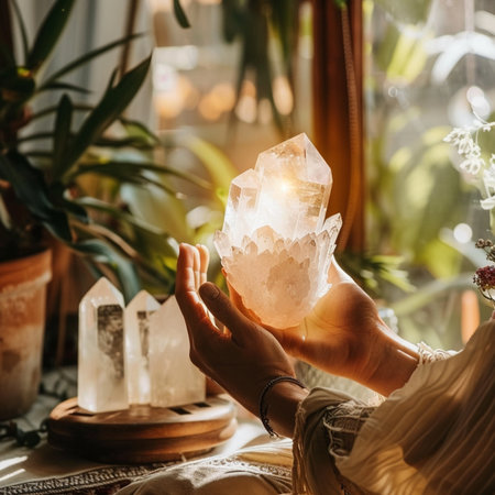 Female hands holding a crystal in the interior of a cozy house.の素材