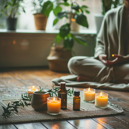 Spa, aromatherapy and relaxation concept. Aromatherapy essential oil in glass bottles and burning candles.の素材