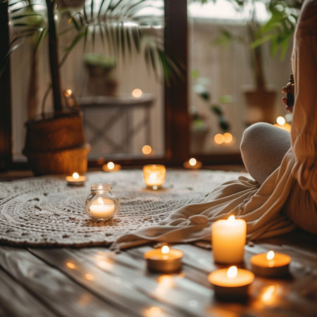 Beautiful woman sitting on the floor with candles in her hands.の素材