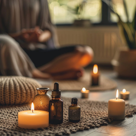 Spa still life with burning candles and essential oil in glass bottlesの素材