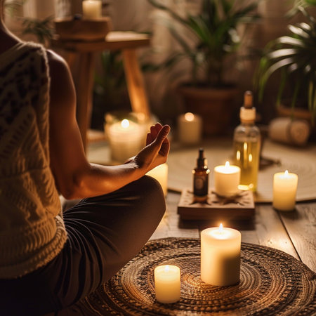 Young woman meditating in lotus position with candles on the backgroundの素材