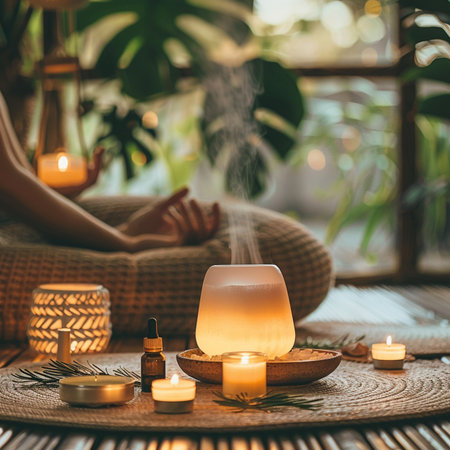 Relaxing spa treatment concept. Woman relaxing in spa salon with candles.の素材
