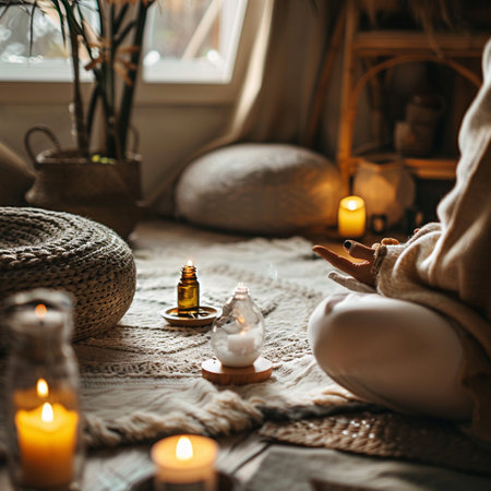 Relaxing at home. Hygge concept. Comfortable bed with pillows and candles.の素材