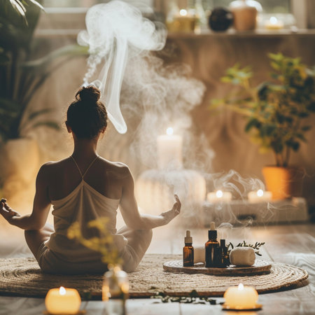 Beautiful young woman sitting in lotus position and meditating in spa salonの素材