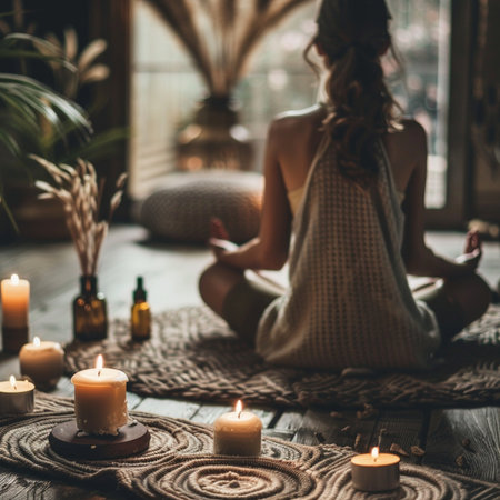 Young woman meditating in lotus pose with candles on wooden floorの素材