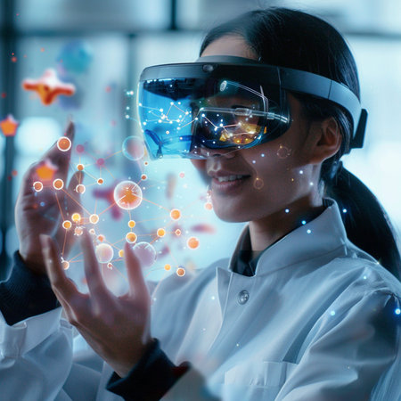 science, chemistry, biology, medicine and people concept - close up of female scientist or doctor in virtual reality headset or 3d glasses with atom moleculeの素材