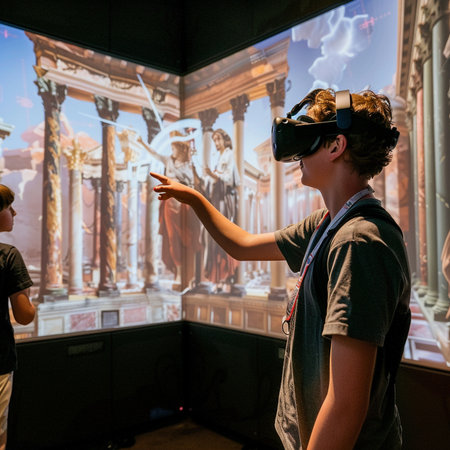 A boy in a virtual reality headset on the background of the interior of the museum.の素材