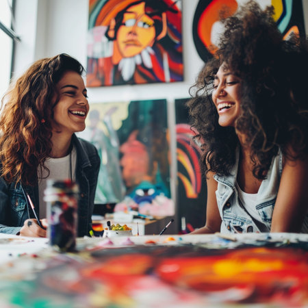 Portrait of two young women painting on canvas in art studio.の素材