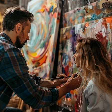 Beautiful young woman painting a picture with her boyfriend in the art studioの素材