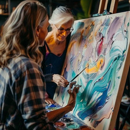 selective focus of female artist painting picture on easel with colleagueの素材