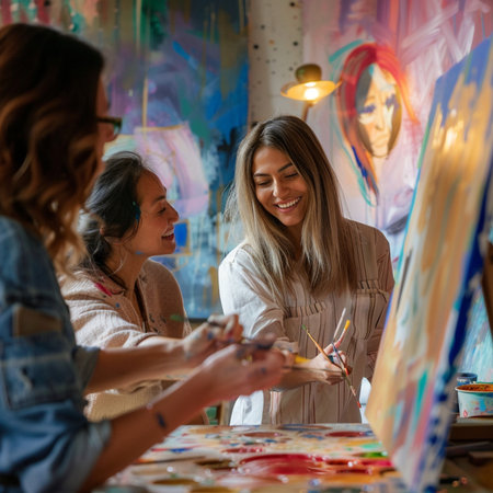 Beautiful young female artist painting a picture on canvas in art studioの素材