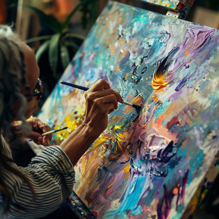 Female artist painting a picture on canvas with oil paints in his studio.の素材