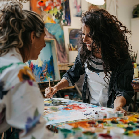 Two young female artists painting on canvas in art studio. They are looking at each other and smiling.の素材