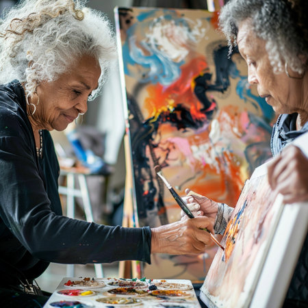 Elderly woman painting a picture on canvas in art studio.の素材