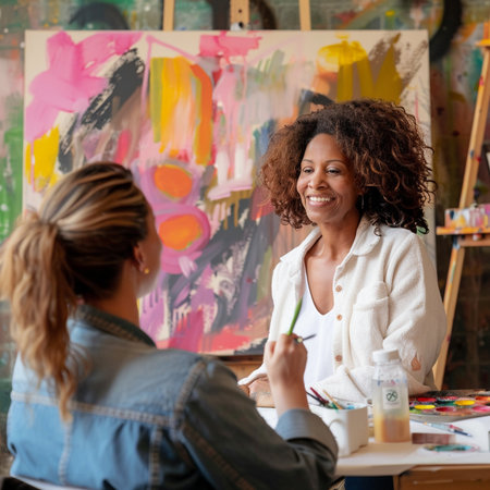 Portrait of smiling female artist with afro hairstyle painting picture in art studioの素材