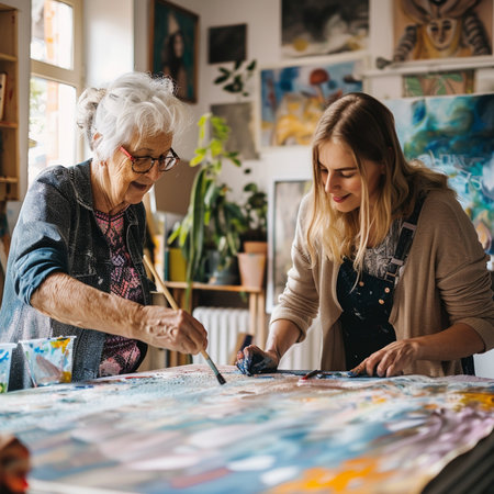 Elderly woman painting on canvas with her granddaughter in art studioの素材