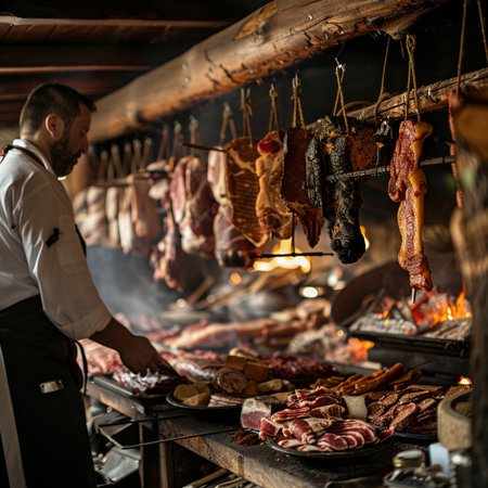 Handsome man in a white shirt is cooking meat on a barbecue.の素材