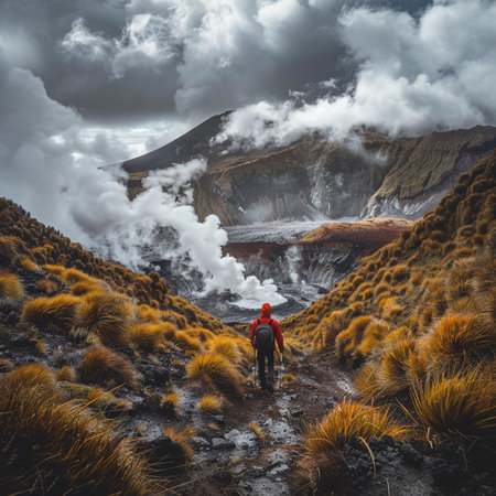 Man hiking on active volcano Mount Bromo. Java island, Indonesiaの素材