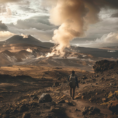 Hiker with backpack on the background of volcanic landscape. Iceland.の素材