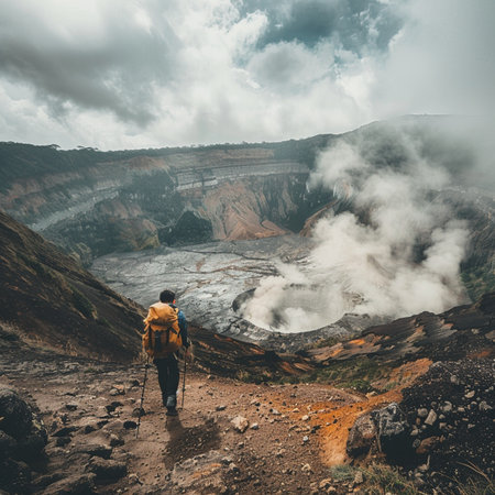 Hiker in the crater of Mount Bromo volcano, Java, Indonesiaの素材