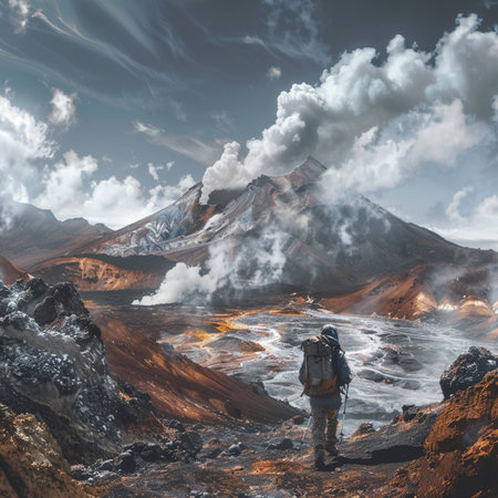 Hike in the volcanic landscape of Kamchatka, Russia.の素材