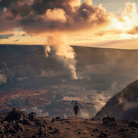 Hiker on the edge of the crater of volcano Teide at sunsetの素材