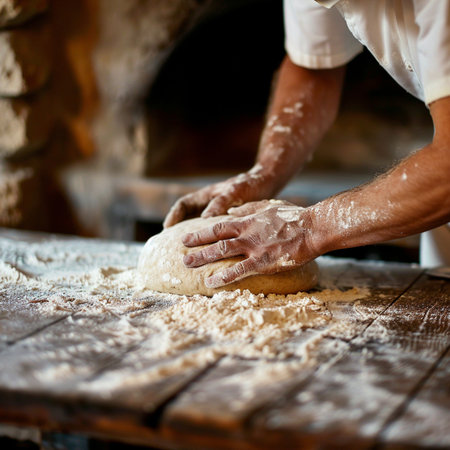 Baker kneading dough on a wooden table in a bakeryの素材