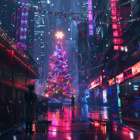 Man and woman walking in the street with Christmas tree at night.の素材