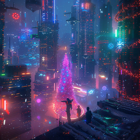 Futuristic city at night with neon lights and Christmas tree.の素材
