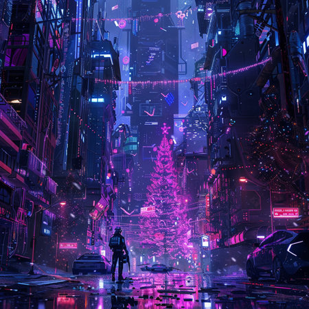 Man walking in the city at night. Christmas trees and lights.の素材