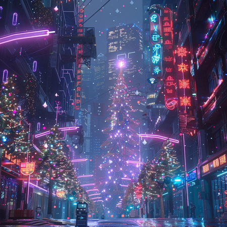 Christmas tree in the city at night, 3D rendering. Computer digital drawing.の素材
