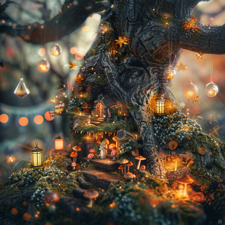 Christmas tree with lanterns in the forest. Decoration for Christmas and New Year.の素材