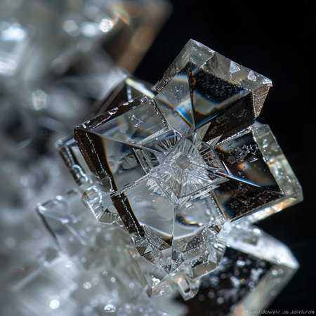 crystal snowflake on a black background close-up macro photoの素材