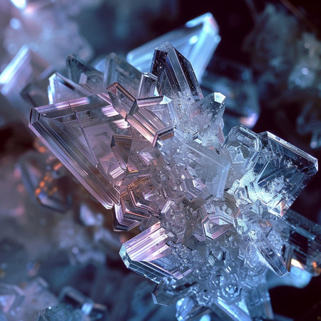 crystal snowflake on a dark background. 3d render illustrationの素材