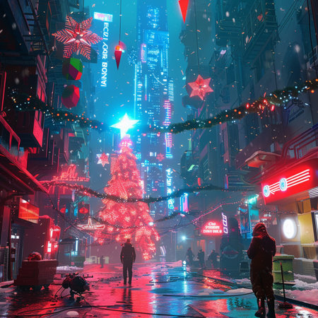 Christmas tree in the city at night. 3d render illustration.の素材