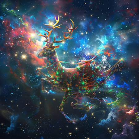 Reindeer in space. Colorful cosmic background. 3D renderingの素材