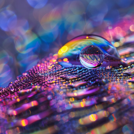 Water drop on colorful bokeh background, abstract macro photo.の素材