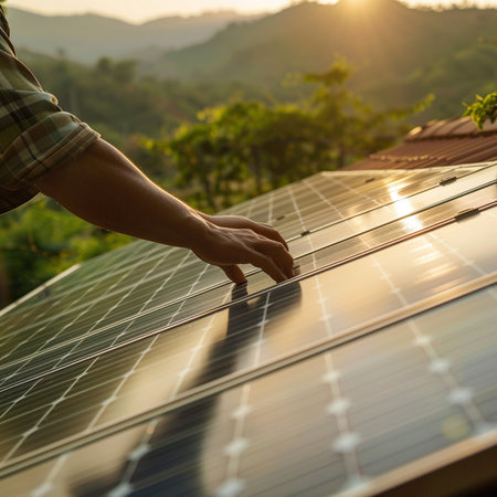 Closeup of man's hand installing solar panel on the roof of house.の素材