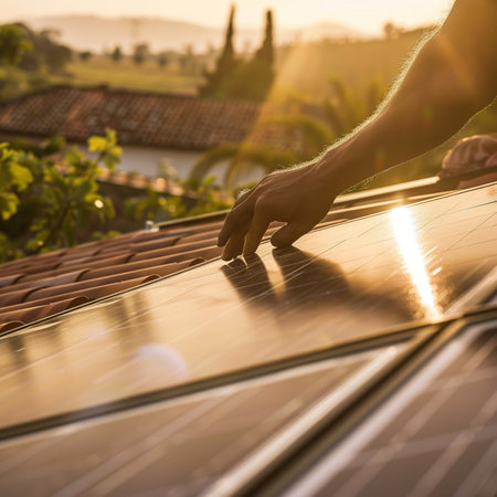 Male hand holding a solar panel on the roof of the house.の素材