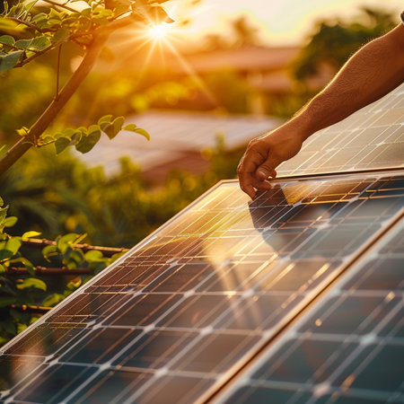 Male hand holding solar panel on nature background. Alternative energy concept.の素材
