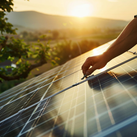 Close-up of a man's hand holding a screwdriver and fixing a photovoltaic solar panel on the roofの素材