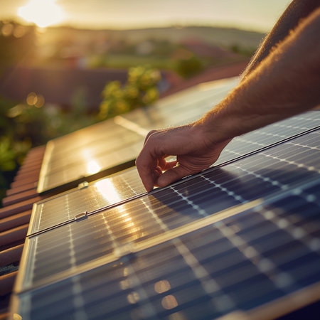 Close-up of male hands holding solar panel outdoors. Alternative energy conceptの素材