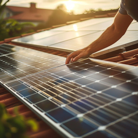 Close-up of a man's hands installing solar panels on the roof of a house.の素材